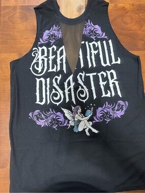 NWOT Beautiful Disaster Graphic Mesh-Insert Sleeveless Top - Black & Purple